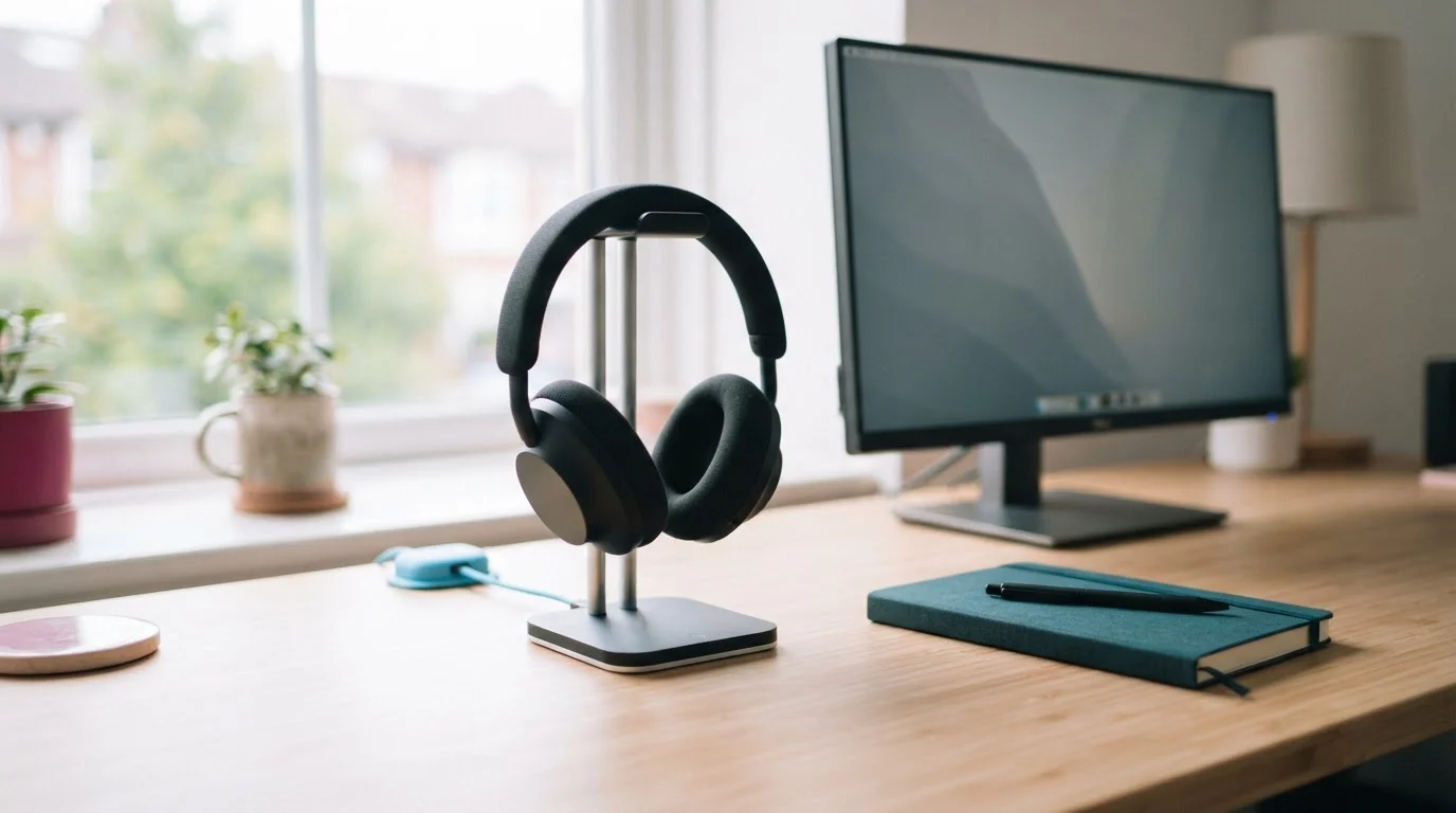 Headset auf einem Kundendienst-Arbeitsplatz mit Monitor und Notizblock