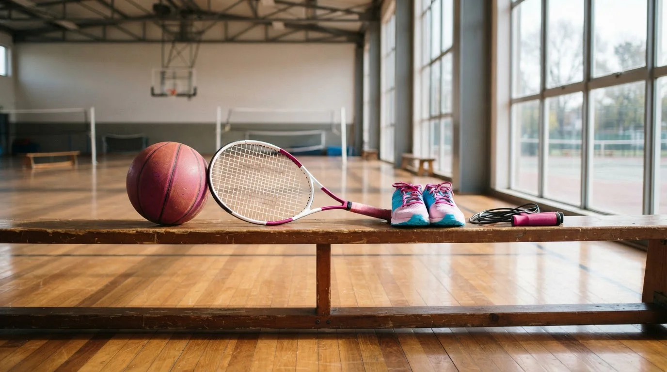 Basketball, Tennisschläger und Laufschuhe auf einer Bank in einer Sporthalle