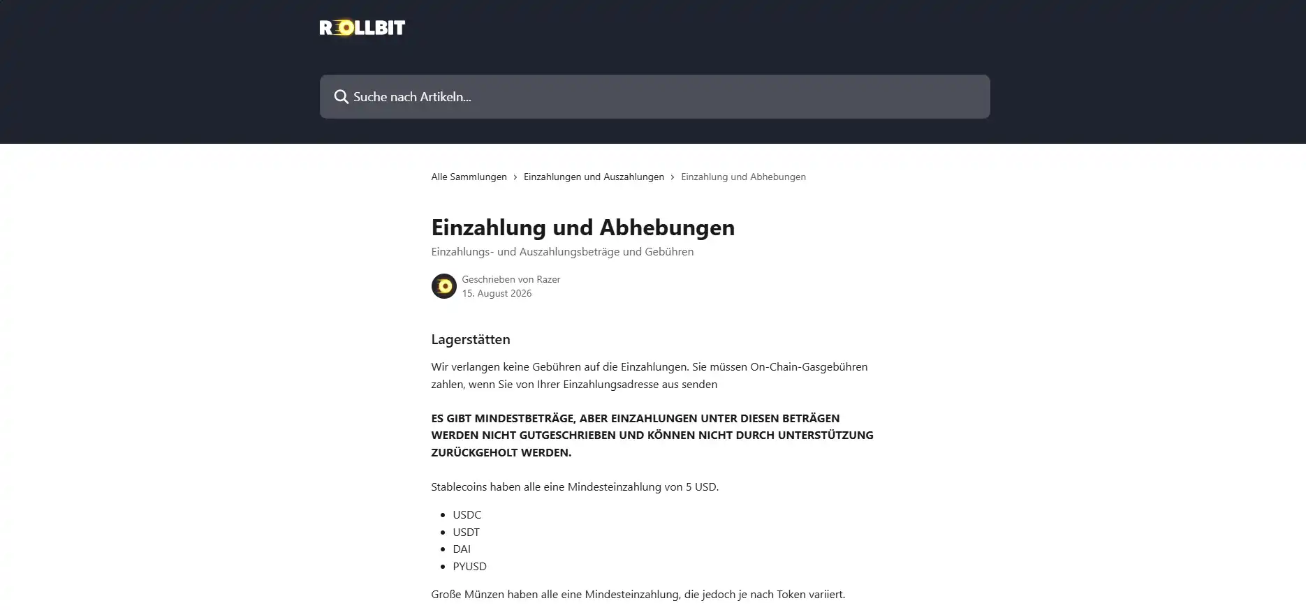 Rollbit-Hilfeseite zu Einzahlungen, Auszahlungen und Mindestbeträgen
