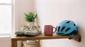 Sportschuhe Fahrradhelm und Tasse auf einem schlichten Regal