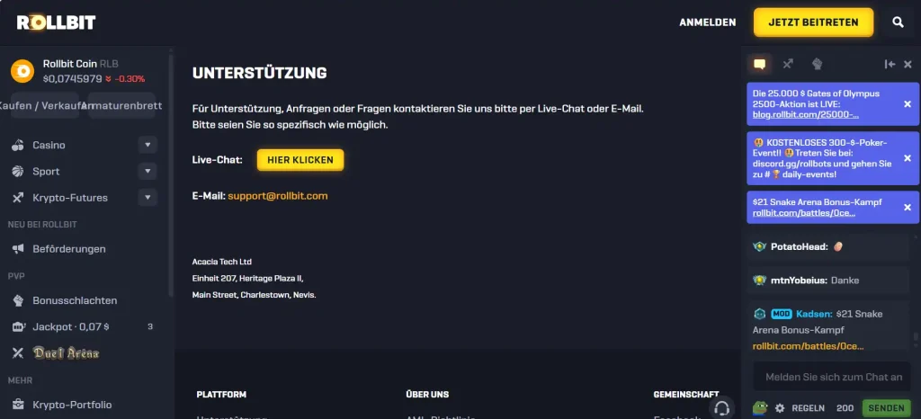 Kundendienstbereich mit Direktchat und E-Mail-Kontakt auf der Website