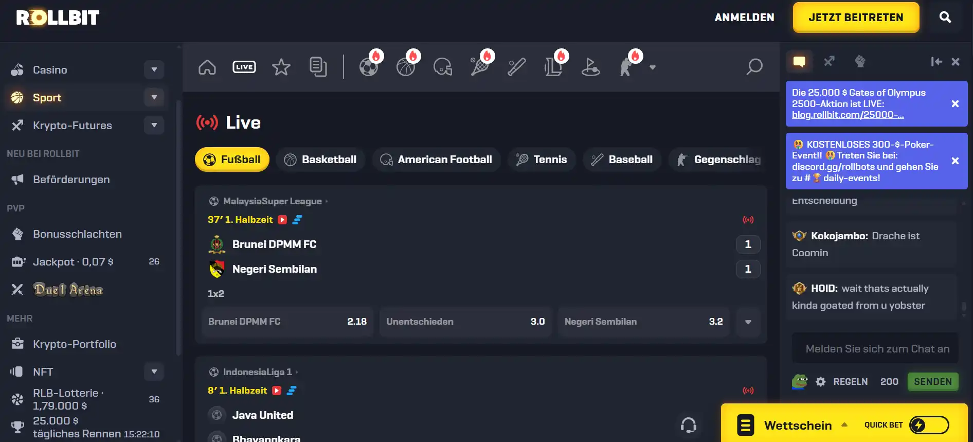 Live-Sportbereich mit laufenden Märkten und veränderlichen Quoten